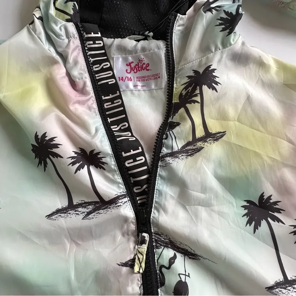 New! Girls 14/16 Justice Palm Tree Hooded Lightweight Jacket Spring Summer Rain